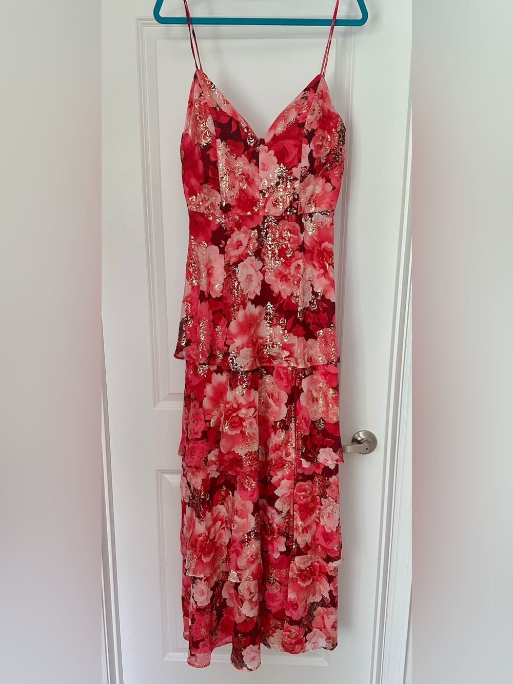 Crystal Doll Bright Pink Floral Maxi with Gold Detail Size 9